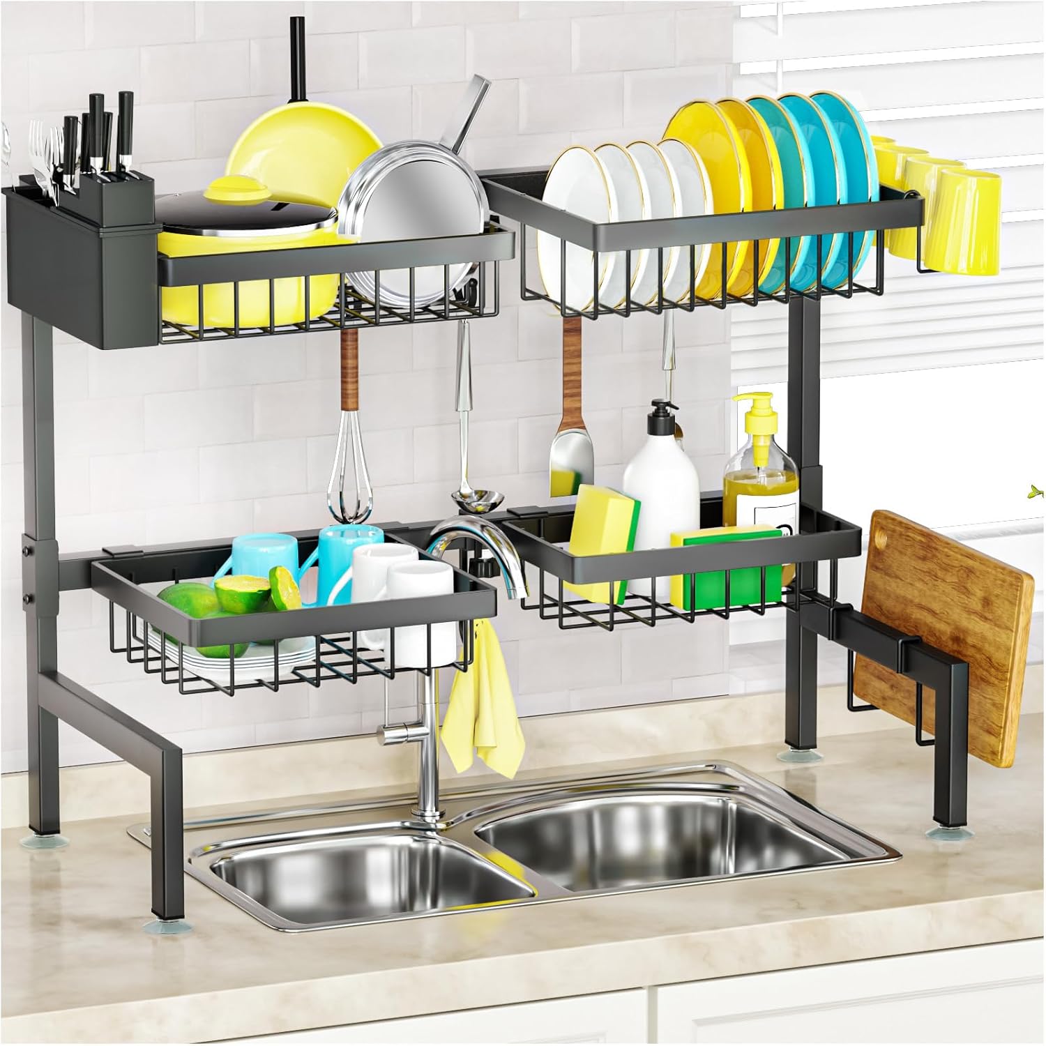 Large-capacity, two-tier extendable over-the-sink drying rack